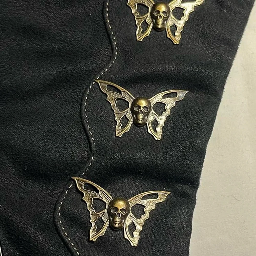 Demonia Black Heeled Boots with Gold Butterfly Accents - Picture 3 of 8